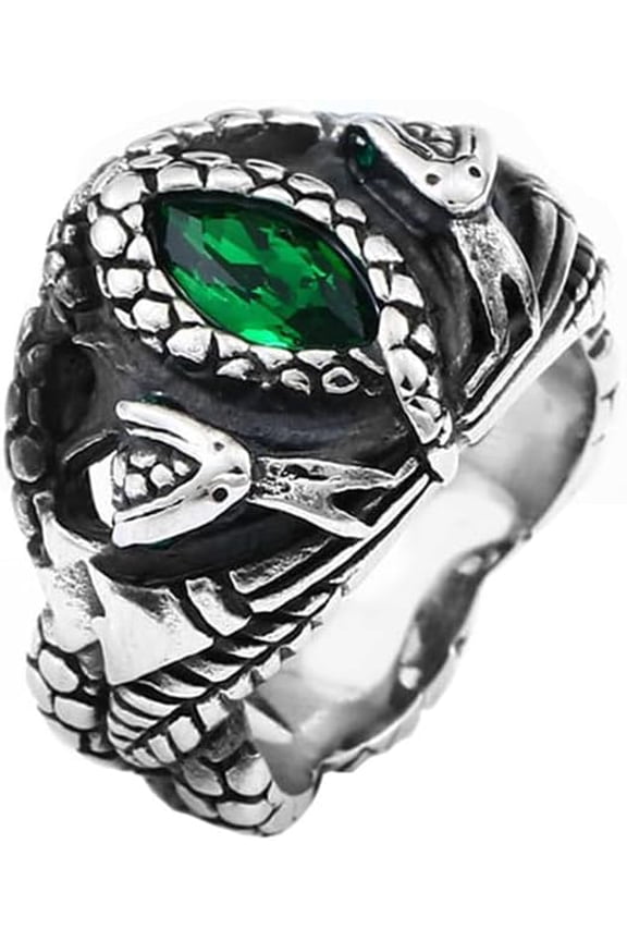 Men's Stainless Steel Vintage Domineering Ghost Devil's Eye Oval Cut Green Gemstone Snake Biker Ring