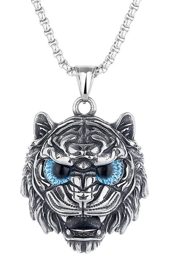 Men's Stainless Steel Vintage Domineering Hip Hop Animal Roaring Tiger Head with Devil Bloody Eye Gemstone Amulet Pendant Necklace