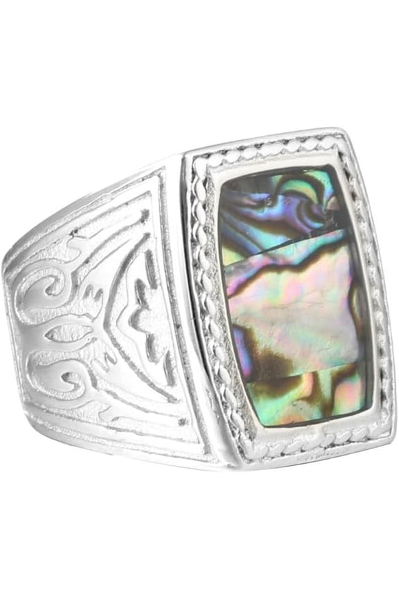 Men's Stainless Steel Vintage Domineering Hip Hop Large Chunky Special Flower Carved Abalone Shells Biker Ring