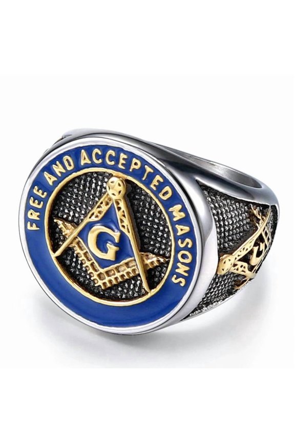 Men's Stainless Steel Vintage Freemason Bicycle Ring, Blue, Freedom and Acceptance Mason Ring