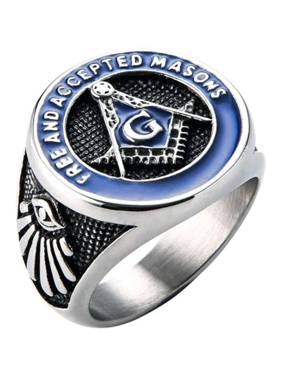 Men's Stainless Steel Vintage Freemason Bicycle Ring, Blue, Freedom and Acceptance Mason Ring