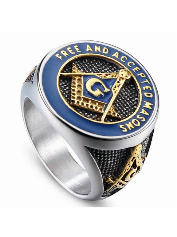 Men's Stainless Steel Vintage Freemason Bicycle Ring, Blue, Freedom and Acceptance Mason Ring