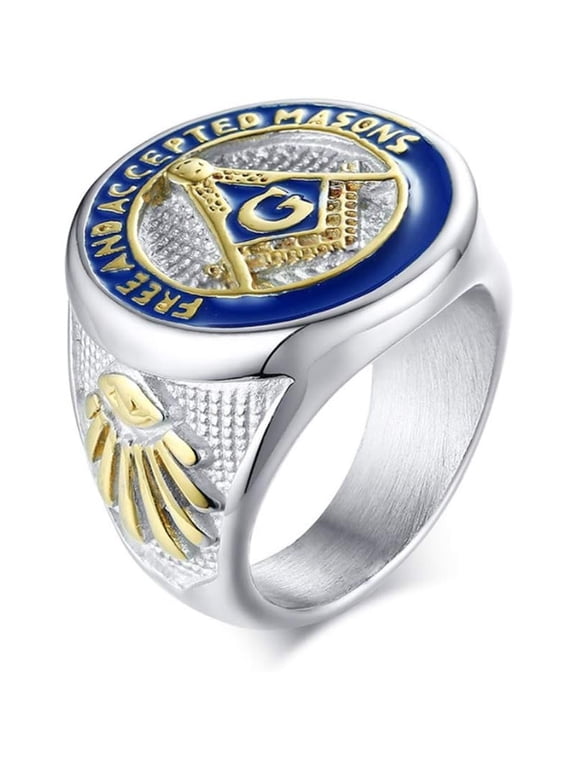 Men's Stainless Steel Vintage Freemason Masonic Biker Rings Blue Free and Accepted Masons Ring Band
