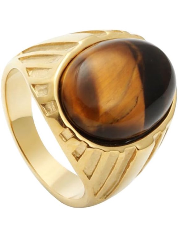 Men's Stainless Steel Vintage Simple Classic Oval Gemstone Signet Ring Special Flower Patter Carved Wedding Band