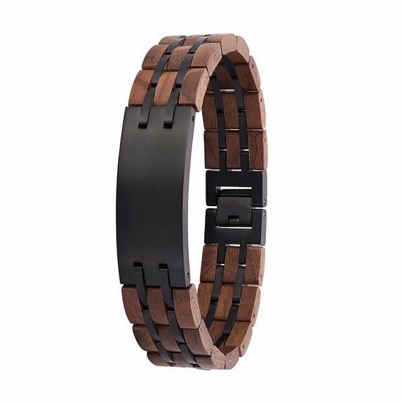 Men’s Stainless Steel & Walnut Wood Link Bracelet, Wide Wristband with Secure Clasp, Modern Casual Jewelry Accessory,Black