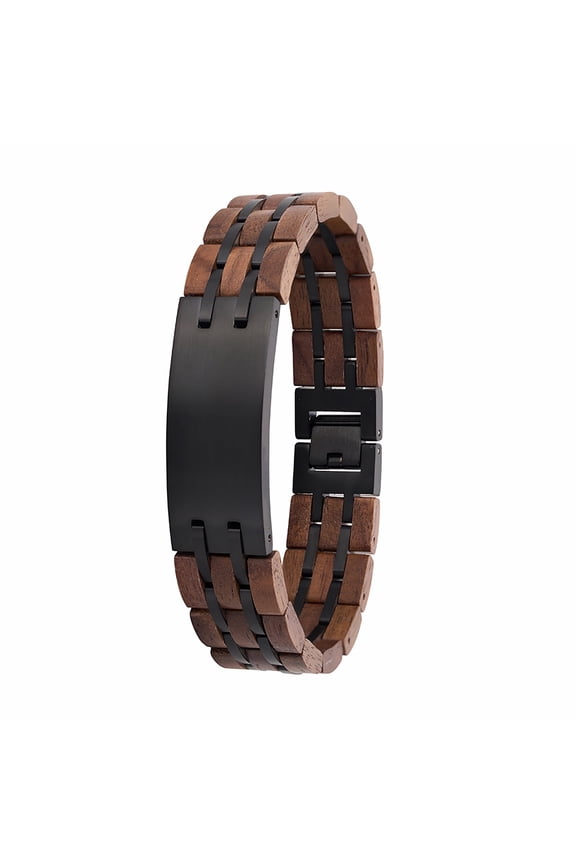 Men’s Stainless Steel & Walnut Wood Link Bracelet, Wide Wristband with Secure Clasp, Modern Casual Jewelry Accessory,Black