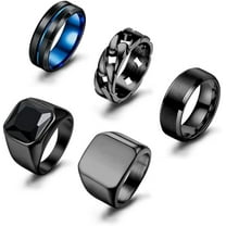 Men's Stainless Steel Wedding Band Rings - Black Onyx Signet & Chain Rings - Punk Biker Fashion Jewelry Set - Size 7-15