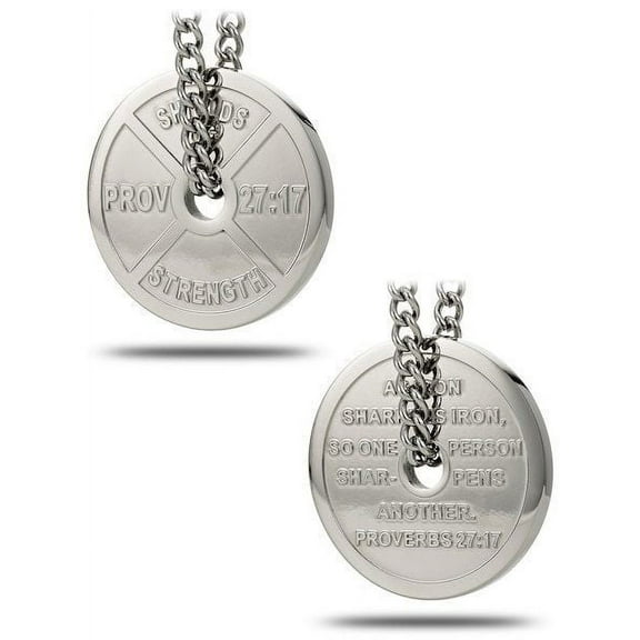 Men's Stainless Steel Weight Plate Necklace-Proverbs 27:17 by Shields of Strength