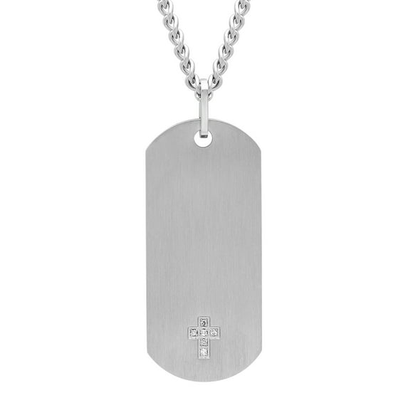 Men's Stainless Steel White Diamond Accent Cross Dog Tag Pendant Necklace Chain