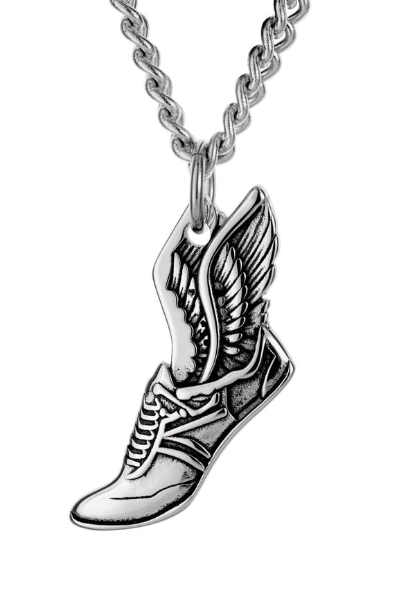Men's Stainless Steel Winged Shoe Necklace – Philippians 4:13 – Christian Runner Jewelry by Shields of Strength by Shields of Strength