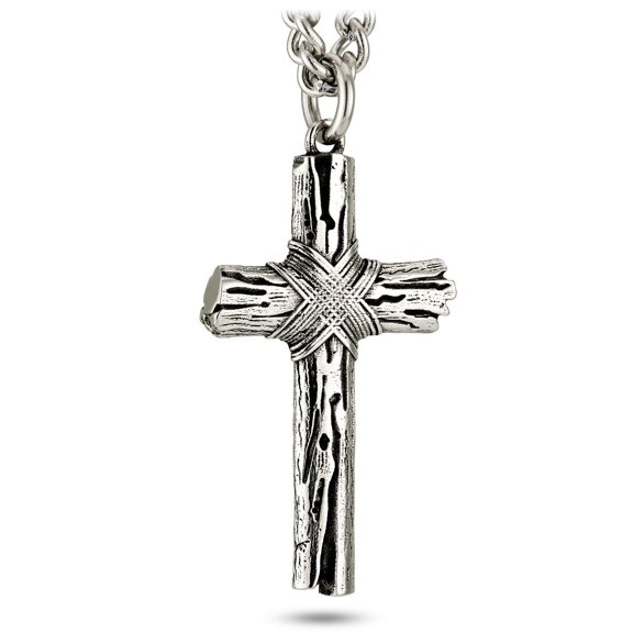 Men's Stainless Steel Woodgrain Cross Pendant -1 John 2:25 by Shields of Strength