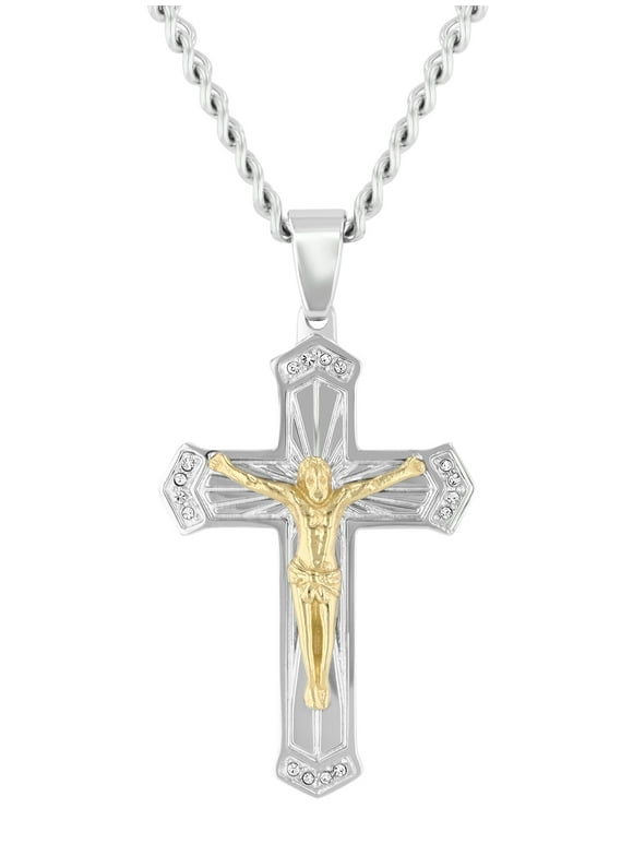 Men's Stainless Steel Yellow and White Finish Crystal Crucifix Cross Pendant - Believe by Brilliance