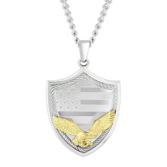 Men's Stainless Steel Yellow and White Finish Flag and Eagle Shield Pendant - Believe by Brilliance