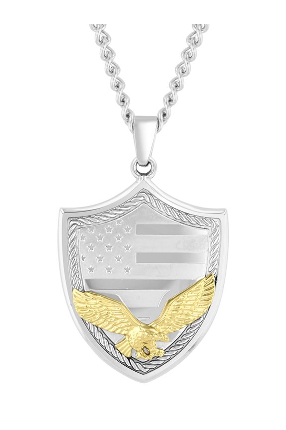 Men's Stainless Steel Yellow and White Finish Flag and Eagle Shield Pendant - Believe by Brilliance