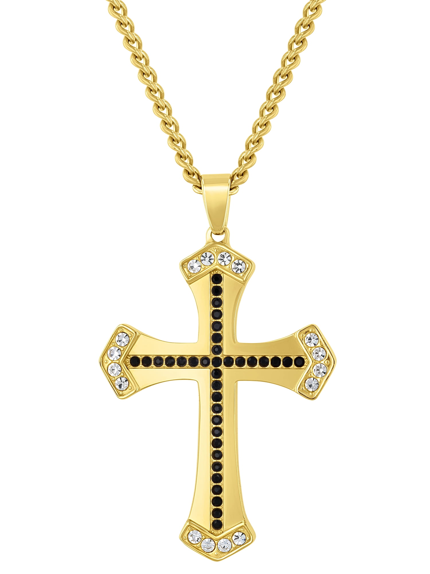 Men's Stainless Steel Yellow-tone Cross Pendant with Black and White Crystals- Believe by Brilliance