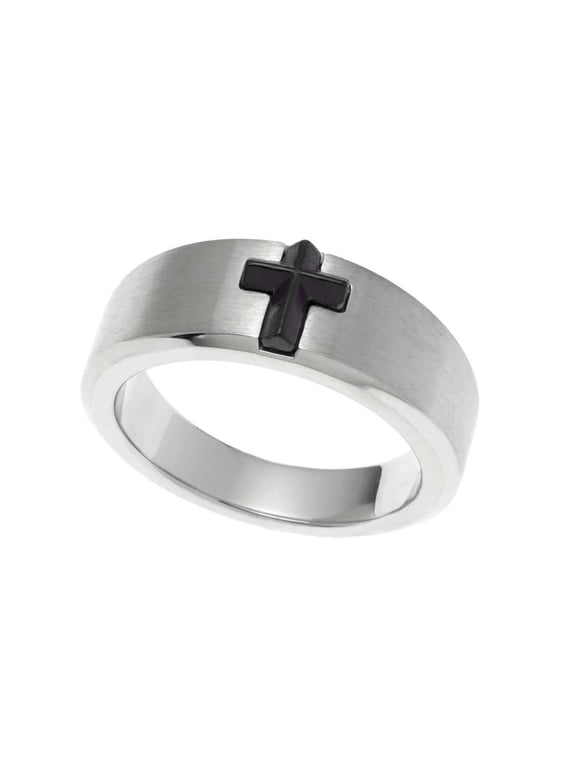 Men's Stainless Steel and Black-Plated Stone Cross Ring size 8