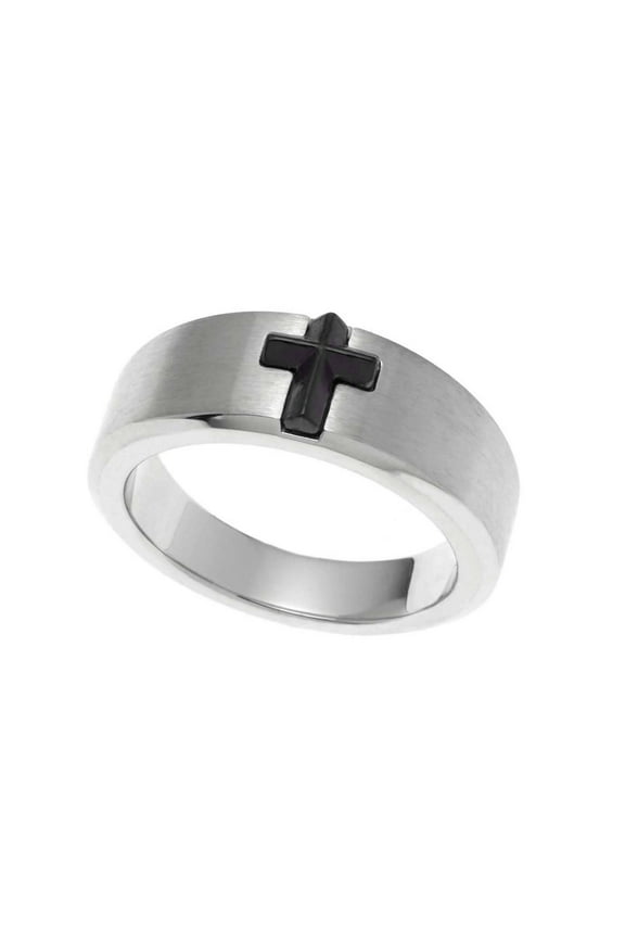 Men's Stainless Steel and Black-Plated Stone Cross Ring size 9