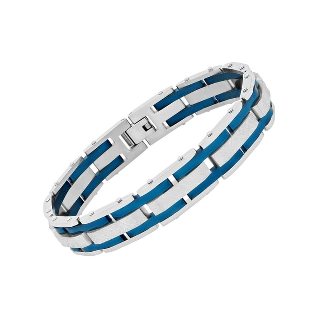Men's Stainless Steel and Blue Link Bracelet