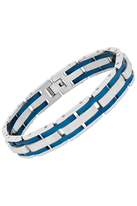 Men's Stainless Steel and Blue Link Bracelet