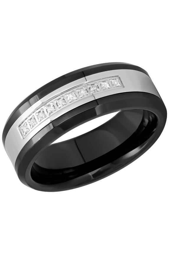 Men's Stainless Steel and Ceramic 8MM Diamond Accent Wedding Band - Mens Ring