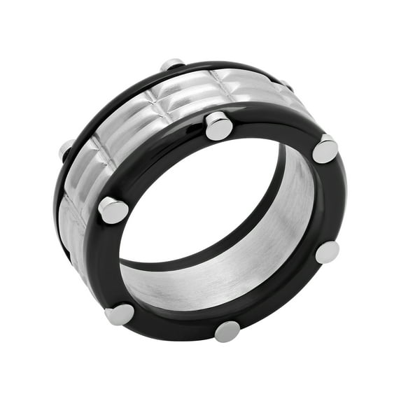Men's Stainless Steel with Black IP-Plated Groove-Cut Ring