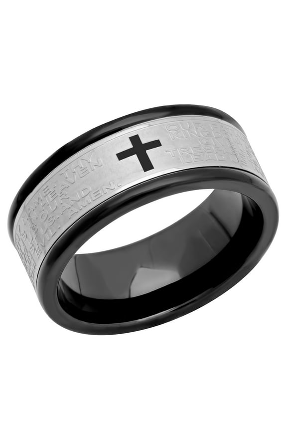 Men's Stainless Steel with Black IP Plating Lord's Prayer Spinner Band, 7.5mm