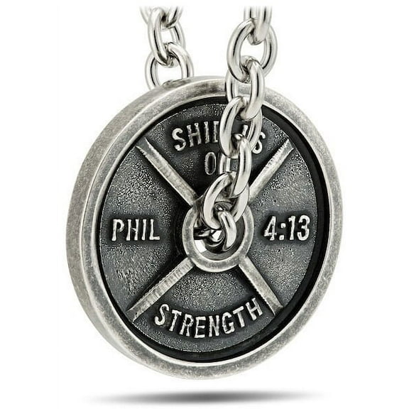 Men's Stainless w/ Antique Finish JUMBO Plate on Linked Chain Necklace-Phil 4:13 by Shields of Strength