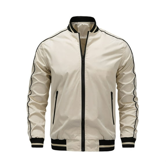 Men's Stand Collar Bomber Jacket Baseball Stripe Trim Windproof Lightweight Zipper Pockets Coats Khaki L