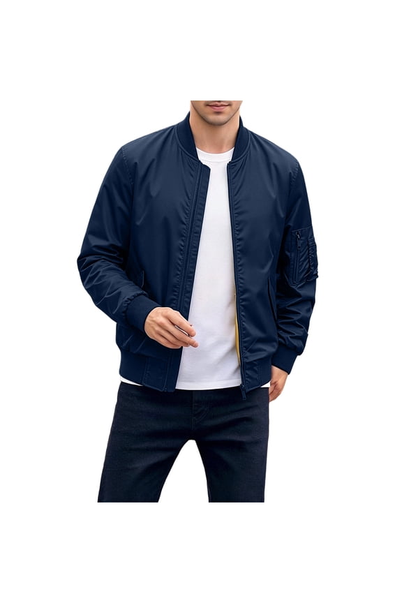 Men's Stand Collar Bomber Jacket, Full Zip Up Elastic Rib Cuff Zipper Pocket Lightweight Windproof Flight Coat for Spring Fall Daily Outdoor Commute Wear Navy