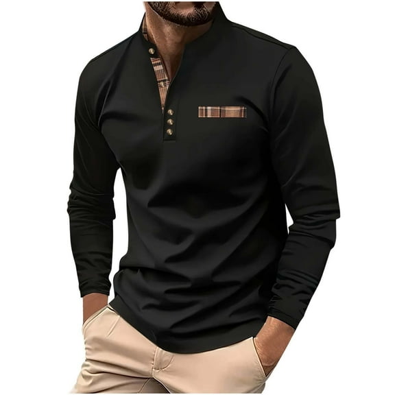 Men's Stand Collar Button Down Henley Shirts Long Sleeve Basic Pullover Casual Athletic Polo Shirts
