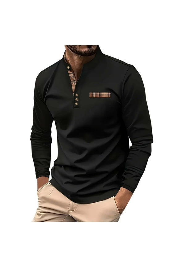 Men's Stand Collar Button Down Henley Shirts Long Sleeve Basic Pullover Casual Athletic Polo Shirts
