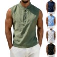 thumbnail image 1 of Men's Stand Collar Button Linen Tank Top Sleeveless Vest Henley T-Shirt Summer Breathable Tee Base Tops Army Green-A, 1 of 9