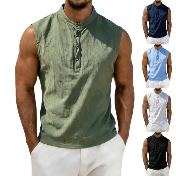 Men's Stand Collar Button Linen Tank Top Sleeveless Vest Henley T-Shirt Summer Breathable Tee Base Tops Army Green-A