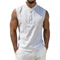thumbnail image 1 of Men's Stand Collar Button Linen Tank Top Sleeveless Vest Henley T-Shirt Summer Breathable Tee Base Tops White-A, 1 of 9