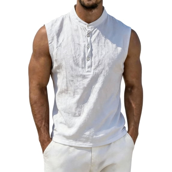 Men's Stand Collar Button Linen Tank Top Sleeveless Vest Henley T-Shirt Summer Breathable Tee Base Tops White-A