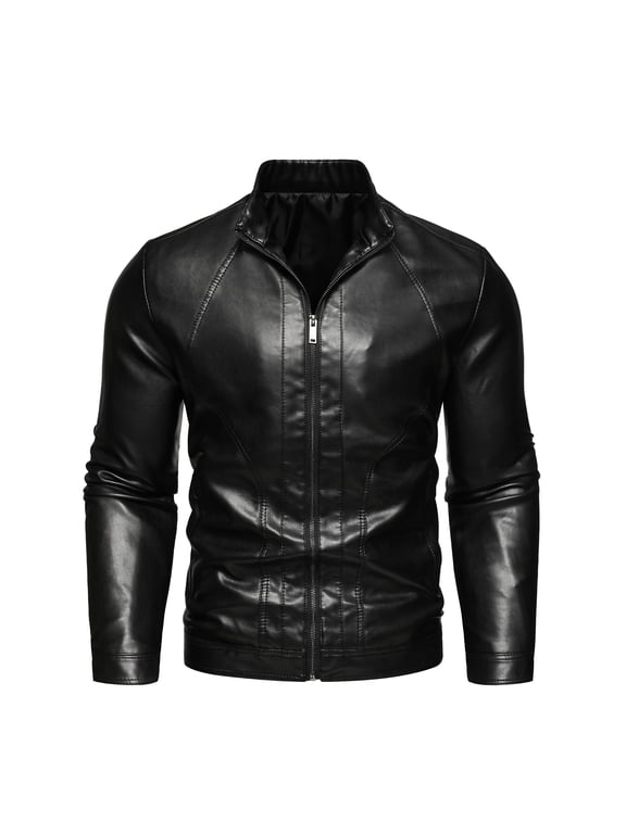Men's Stand Collar Casual Motorcycle Jacket Simple PU Leather Jacket