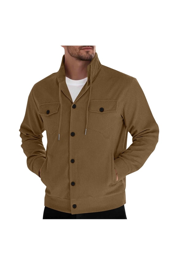 Men's Stand Collar Corduroy Jacket Casual Fall Winter Button Down Outerwear Stretch Outdoor Sports Coat