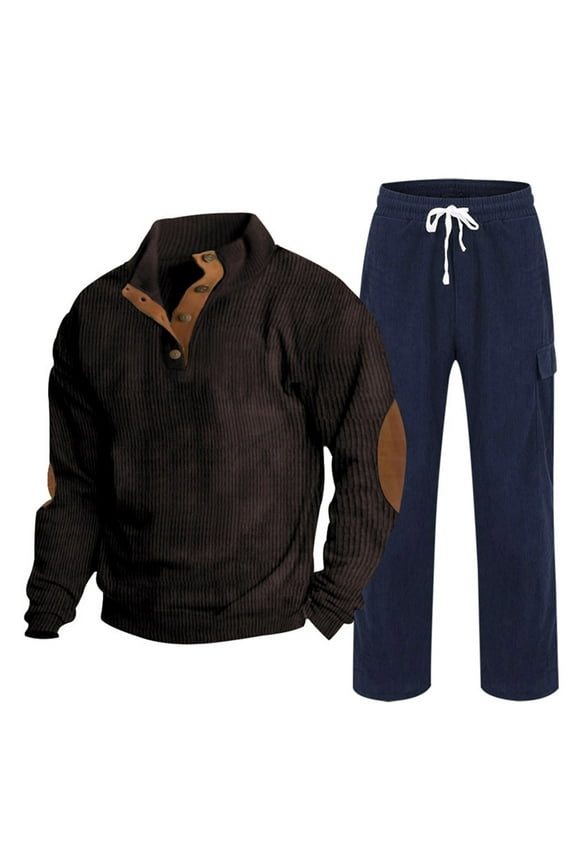 Men's Stand Collar Corduroy Tracksuits - Button Up Henley Shirts & Cargo Pants Jogging Outfits with Elbow Patches