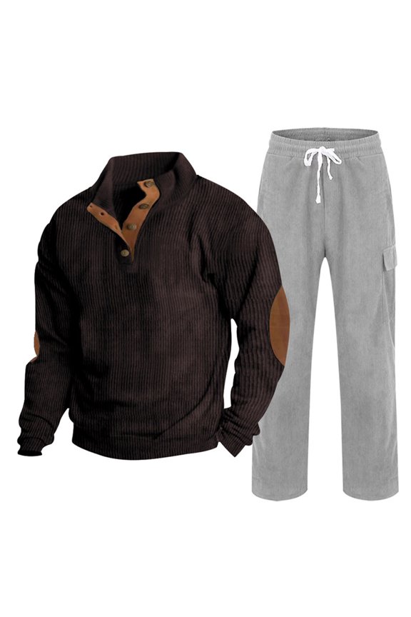 Men's Stand Collar Corduroy Tracksuits - Button Up Henley Shirts & Cargo Pants Jogging Outfits with Elbow Patches