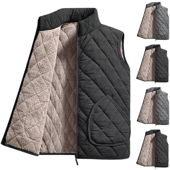 Men's Stand Collar Corduroy Vest Fleece Lined Zip up Regular Fit Thermal Sleeveless Waistcoat with Pockets for Fall Winter Loungewear Causal Outdoor Work Daily Activities Black XXL