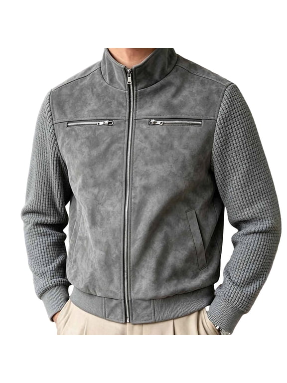 Men’s Stand Collar Faux Suede Textured Patchwork Bomber Jacket, Long Sleeve Loose Fit Zip up Casual Outwear with Multi Zipper Pockets for Fall Street Style Wear