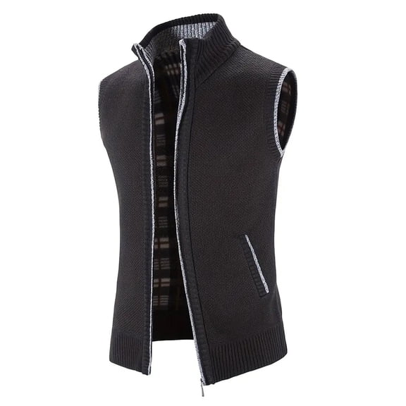 Men's Stand Collar Fleece Lined Knit Vest Casual Slim Fit Sleeveless Sweater Classic Business Cardigan Waistcoat Black Size L