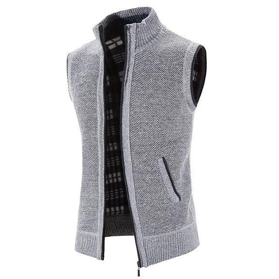 Men's Stand Collar Fleece Lined Knit Vest Casual Slim Fit Sleeveless Sweater Classic Business Cardigan Waistcoat Light Gray Size L