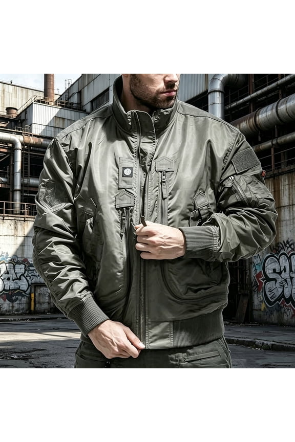 Men's Stand Collar Flight Bomber Jacket, Multi Utility Zipper Pocket Warm Windproof Water Resistant Coat, Fall Winter Tactical Jacket Long Sleeve Work Outerwear Dark Gray