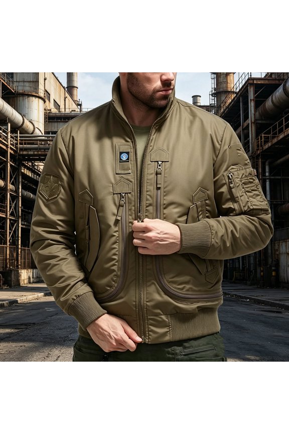 Men's Stand Collar Flight Bomber Jacket, Multi Utility Zipper Pocket Warm Windproof Water Resistant Coat, Fall Winter Tactical Jacket Long Sleeve Work Outerwear Khaki
