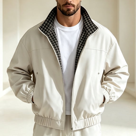 Men's Stand Collar Flight Jacket With Plaid Inner Lining Lightweight Long Sleeve Sportwear Windbreaker