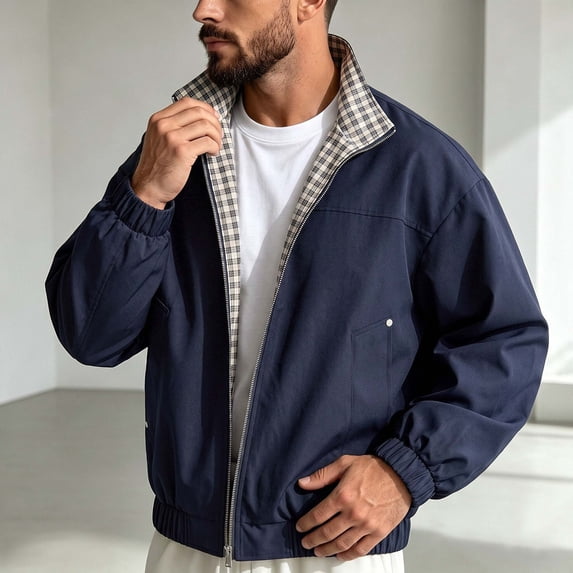 Men's Stand Collar Flight Jacket With Plaid Inner Lining Lightweight Long Sleeve Sportwear Windbreaker