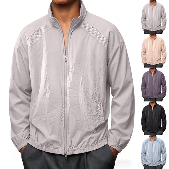 Men's Stand Collar Jacket Dry Protection, Nylon Jacket UPF 50+ Sun Protection, Full Zip Windbreaker Shell, Breathable Lightweight, Hiking Fishing Golf Travel, Casual | Zenithor,Black L