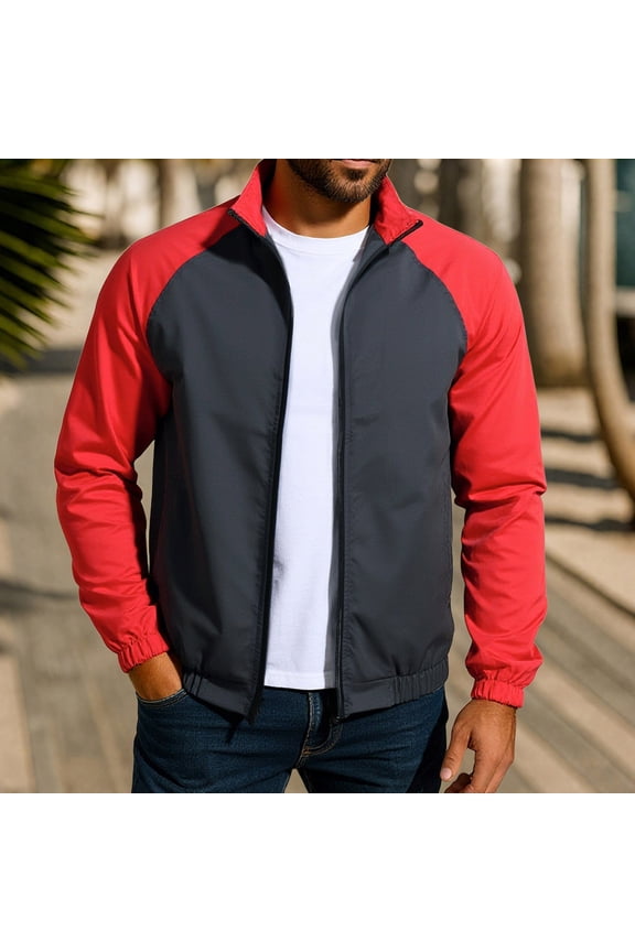 Men's Stand Collar Jacket, Lightweight Polyester-Spandex Blend, Color Block Design with Ribbed Cuffs, Long Sleeve Casual Coat for Outdoor and Everyday Wear