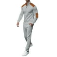 thumbnail image 1 of Men's Stand Collar Leather Breasted Pocket Long Sleeve Top Casual Sports Drawstring Pants Set, 1 of 5